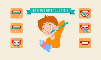 de jongen borstels zijn tanden met tandpasta en een borstel. leren hoe naar naar behoren borstel uw tanden voor kinderen, ochtend- hygiëne, tandheelkundig zorg, stap door stap instructie vector vlak poster