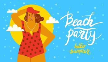 poster met handgeschreven belettering strand partij, Hallo zomer met bodypositive meisje in rood zwempak en pet vector