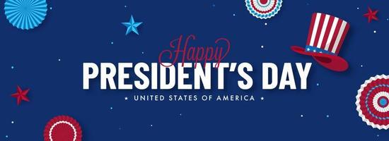 gelukkig van de president dag tekst met oom Sam hoed, Amerikaans vlag insigne en sterren Aan blauw achtergrond. vector