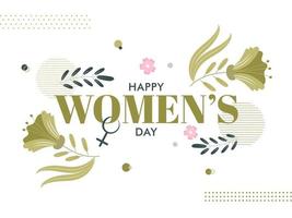 gelukkig vrouwen dag tekst met vrouw geslacht teken, bloemen en bladeren Aan wit achtergrond. vector