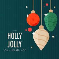hebben een hulst vrolijk Kerstmis tekst met hangende kerstballen Aan taling groen achtergrond. vector
