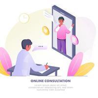 illustratie van geduldig Mens pratend naar dokter van video roeping in 3d smartphone Bij kliniek voor online overleg. vector