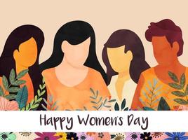 gezichtsloos vrouw groep met bladeren en bloemen versierd achtergrond voor gelukkig vrouwen dag viering. vector