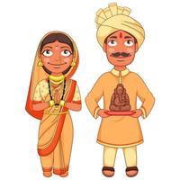 Maharashtrian paar in traditioneel jurk Holding een klein standbeeld van heer ganesha. vector