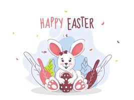 gelukkig Pasen tekst met tekenfilm konijn Holding ei in zittend houding, vlinders en bladeren Aan wit achtergrond. vector