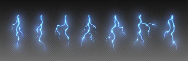 onweersbui bliksem, blikseminslag staking, realistisch elektrisch rits, energie flash licht effect, blauw bliksem bout vector