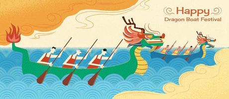 retro stijl duanwu festival illustratie banier met jong mannen hebben draak boot racing in rivier. vertaling, gelukkig draak boot festival vector