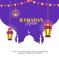 Ramadan kareem wensen kaart of poster ontwerp met hangende verlichte lantaarns en vlaggedoek vlag versierd Aan moskee wit en Purper achtergrond. vector