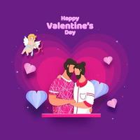 Cupido aanvallen homo paar karakter met papier besnoeiing harten Aan roze en Purper achtergrond voor gelukkig Valentijnsdag dag. vector