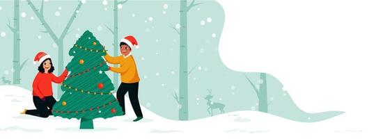 geluk jongen en meisje versierd Kerstmis boom samen Aan sneeuwval Woud achtergrond voor Kerstmis festival. vector