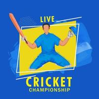 leven krekel kampioenschap poster ontwerp met lawaai effect tekenfilm batsman in winnend houding Aan geel en blauw borstel beroerte achtergrond. vector