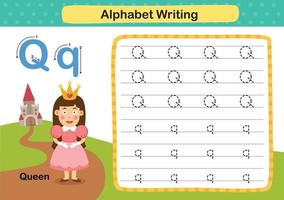 alfabet letter q-koningin oefening met cartoon woordenschat illustratie, vector