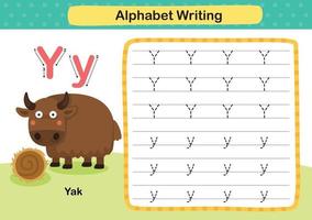 alfabet letter y-yak oefening met cartoon woordenschat illustratie, vector