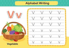 alfabet letter v-plantaardige oefening met cartoon woordenschat illustratie, vector