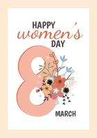 Internationale vrouwen dag groet kaart sjabloon. 8 maart. bloemen en bladeren. schattig gemakkelijk vector illustratie