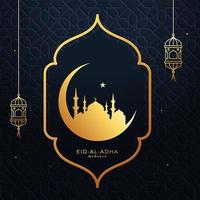eid-al-adha mubarak concept met gouden halve maan maan, een ster, moskee en hangende lantaarns Aan blauw Arabisch patroon achtergrond. vector