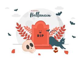 illustratie van Rust in vrede steen met eng kat, schedel, bladeren en vleermuizen vliegend Aan wit achtergrond voor gelukkig halloween viering. vector