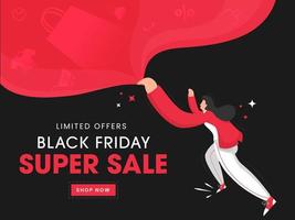 zwart vrijdag super uitverkoop poster ontwerp met tekenfilm vrouw karakter Aan rood en donker grijs achtergrond. vector