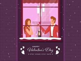tekenfilm jong Mens voorstellen naar zijn vriendin Bij huis Aan de gelegenheid van gelukkig Valentijnsdag dag, vermijden coronavirus. vector