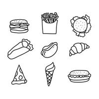 snel voedsel pictogrammen reeks schets tekening. hand- getrokken vector illustratie