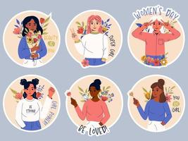 Internationale vrouwen dag. 8 maart. sticker pak met meisje macht slogans en inspiratie citaten vector