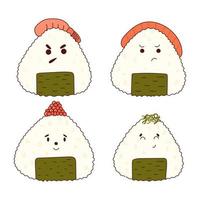 traditioneel Japans voedsel. Aziatisch schattig onigiri met grappig gezichten. vector illistration