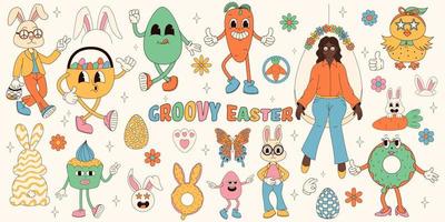 groovy hippie gelukkig Pasen set. Pasen konijn, eieren, vlinders, cupcakes, kippen. reeks van tekenfilm tekens en elementen in modieus retro Jaren 60 jaren 70 tekenfilm stijl. vector