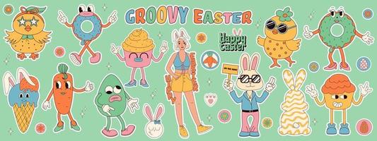 groovy hippie gelukkig Pasen stickers. Pasen konijn, eieren, bloem, kippen. sticker pak van tekenfilm tekens en elementen in modieus retro Jaren 60 jaren 70 tekenfilm stijl. vector