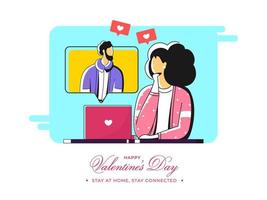 vector illustratie van jong vrouw interactie Aan video telefoontje met haar vriendje naar ontsnappen de coronavirus voor Valentijnsdag dag.