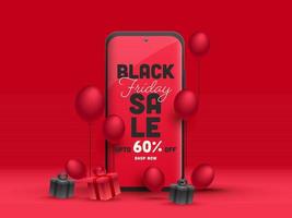 zwart vrijdag uitverkoop app in smartphone met 60 korting bieden, realistisch geschenk dozen en ballonnen Aan rood achtergrond.