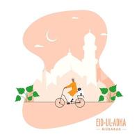 moslim jong jongen rijden een fiets met tekenfilm schapen en silhouet moskee Aan pastel perzik achtergrond voor eid-ul-adha mubarak. vector