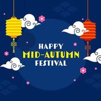 gelukkig midden herfst festival tekst met hangende Chinese lantaarns, wolken en sakura bloemen versierd Aan blauw achtergrond. vector