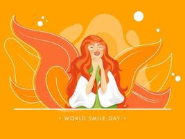 vrolijk jong meisje karakter en bladeren versierd Aan oranje achtergrond voor wereld glimlach dag. vector