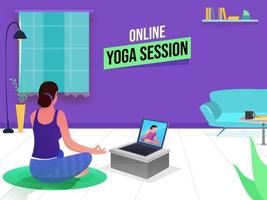 online yoga sessie concept gebaseerd poster ontwerp met jong vrouw mediteren in lotus houding Bij huis naar voorkomen van coronavirus. vector