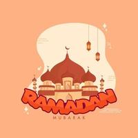 Ramadan mubarak doopvont met moskee en hangende lantaarns versierd Aan pastel oranje achtergrond. vector