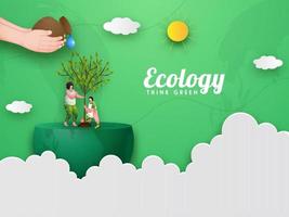 tekenfilm Mens en vrouw tuinieren Aan 3d voor de helft aarde wereldbol met zonneschijn, papier besnoeiing wolken voor ecologie denken groen concept. vector