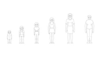 stadia van groeit omhoog van een meisje, van baby naar oud Mens, vector zwart en wit tekening