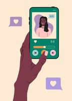 persoon gebruik telefoon en aan het kijken in sociaal media. chatten, aan het kijken video, leuk vinden foto's. vrouw karakter pratend in mobiel app. vlak tekenfilm illustratie. vector