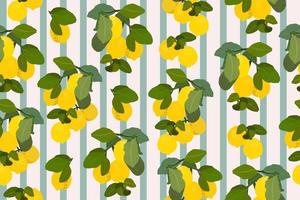 citroenen gouache vlak illustratie naadloos patroon. groen bladeren en citroenen geïsoleerd Aan gestreept achtergrond voor omhulsel papier, behang, kleding stof. vector