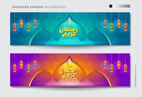 reeks van banier ontwerp met helling kleur achtergrond voor heilig maand Ramadan viering. schoonschrift gemeen Ramadan kareem. vector