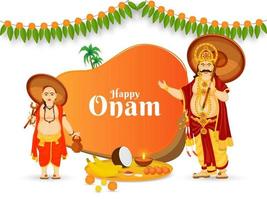 gelukkig onam viering poster ontwerp met vrolijk koning mahabali, vamana avatar, aranmula boot, kokosnoot, banaan en aanbidden bord Aan wit achtergrond. vector