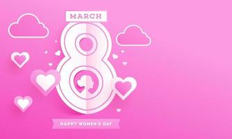 papier besnoeiing 8 maart tekst met vrouw gezicht, harten en wolken Aan roze achtergrond voor gelukkig vrouwen dag. vector