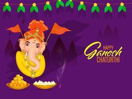 gelukkig ganesh chaturthi poster ontwerp met heer ganesha gezicht, vlaggen, laddu en modak in kommen Aan Purper silhouet tempel achtergrond. vector