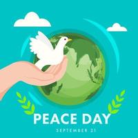 menselijk hand- Holding duif met olijf- bladeren en aarde wereldbol Aan turkoois achtergrond voor vrede dag, 21e september. vector