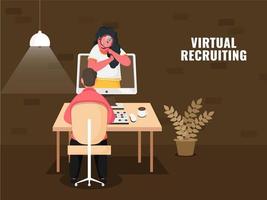 bedrijf vrouw zoeken virtueel rekruteren in computer in voorkant van Mens Bij werkplaats Aan bruin achtergrond voor onderhouden sociaal afstand. vector