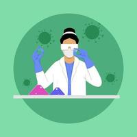 viroloog of wetenschapper vrouw onderzoeken vaccin in laboratorium Aan groen achtergrond voor covid-19 ziekte. vector