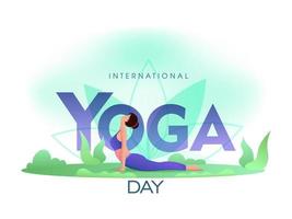 Internationale yoga dag tekst met tekenfilm jong vrouw beoefenen bhujangasana yoga houding Aan natuur visie. vector