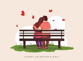 terug visie van jong paar knuffelen zitten Aan bank voor gelukkig Valentijnsdag dag viering. vector