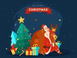 illustratie van de kerstman claus slapen met zwaar tas, tekenfilm rendier, geschenk dozen, snoep riet en decoratief Kerstmis boom Aan blauw grunge achtergrond voor vrolijk Kerstmis viering. vector