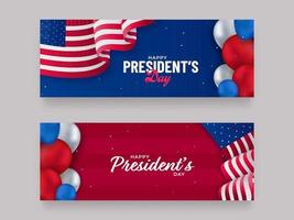 gelukkig van de president dag doopvont met ballonnen en Amerikaans vlag Aan achtergrond in twee kleur opties. vector